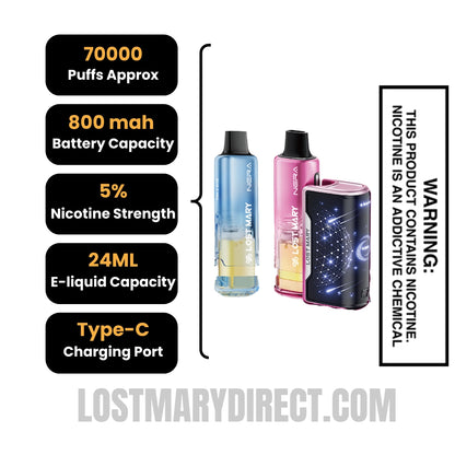 Pink & Blue Lost Mary Nera Fullview 70k Vape Pod Specifications