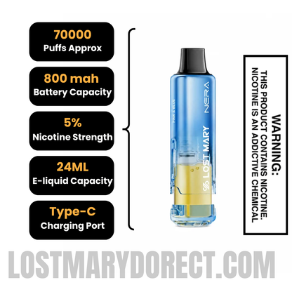 Pink & Blue Lost Mary Nera Fullview 70K Disposable Vape Pod specifications