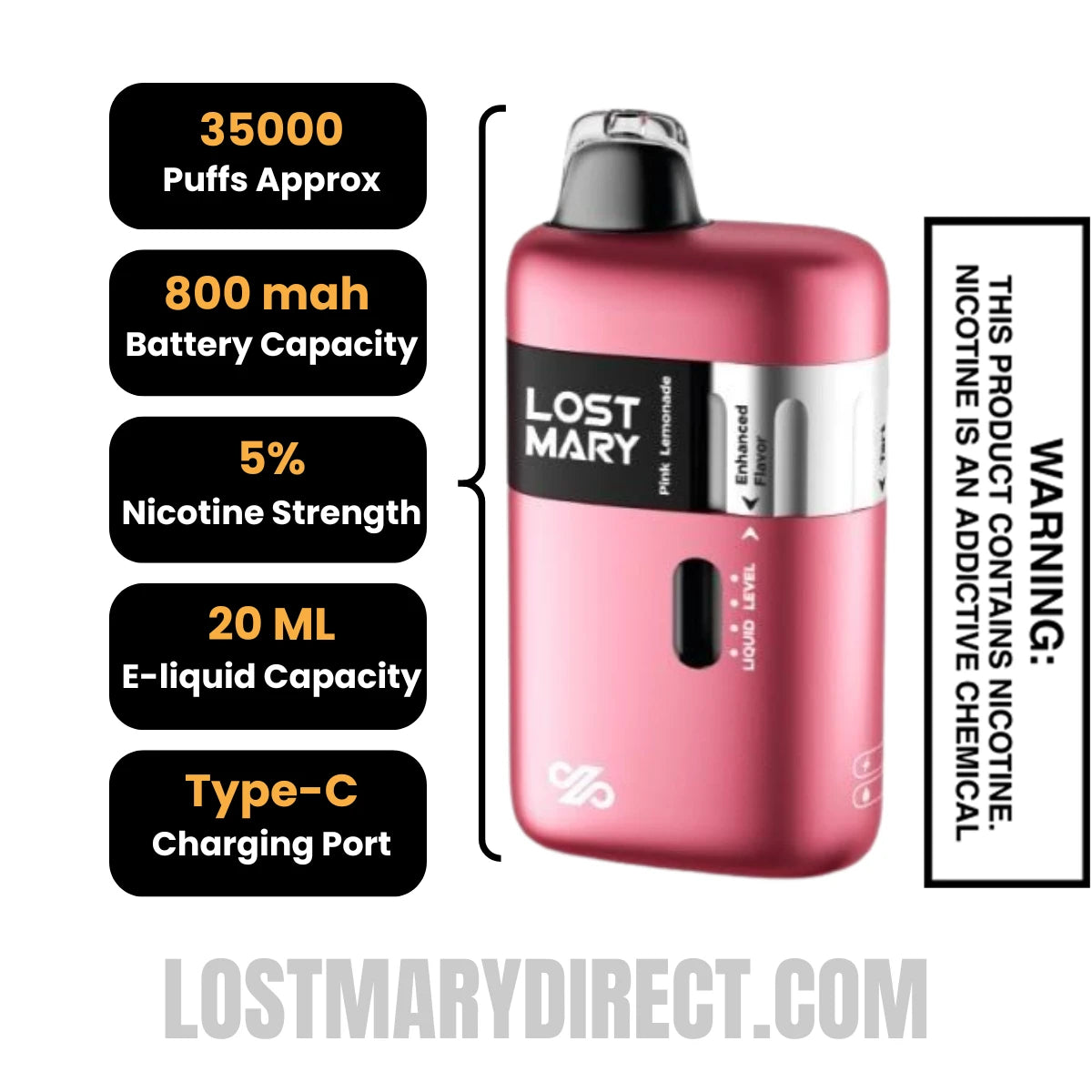 Pink Lemonade Lost Mary Ultrasonic 35K Disposable Vape Specifications
