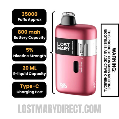 Pink Lemonade Lost Mary Ultrasonic 35K Disposable Vape Specifications
