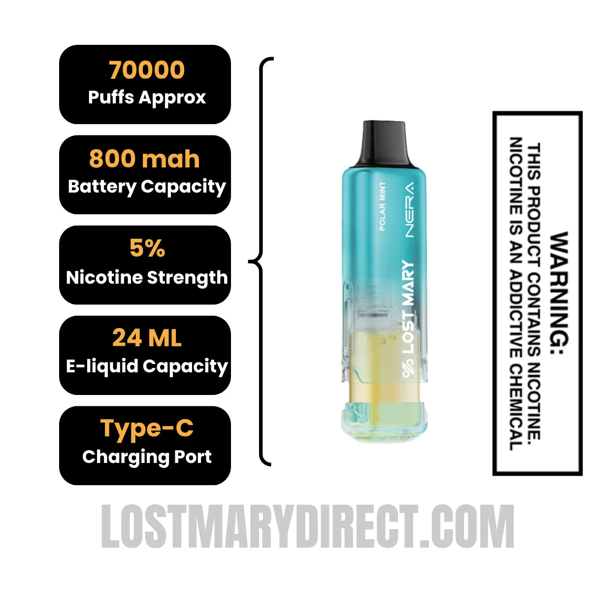 Polar Mint Lost Mary Nera Fullview 70K Disposable Vape Pod with Specification