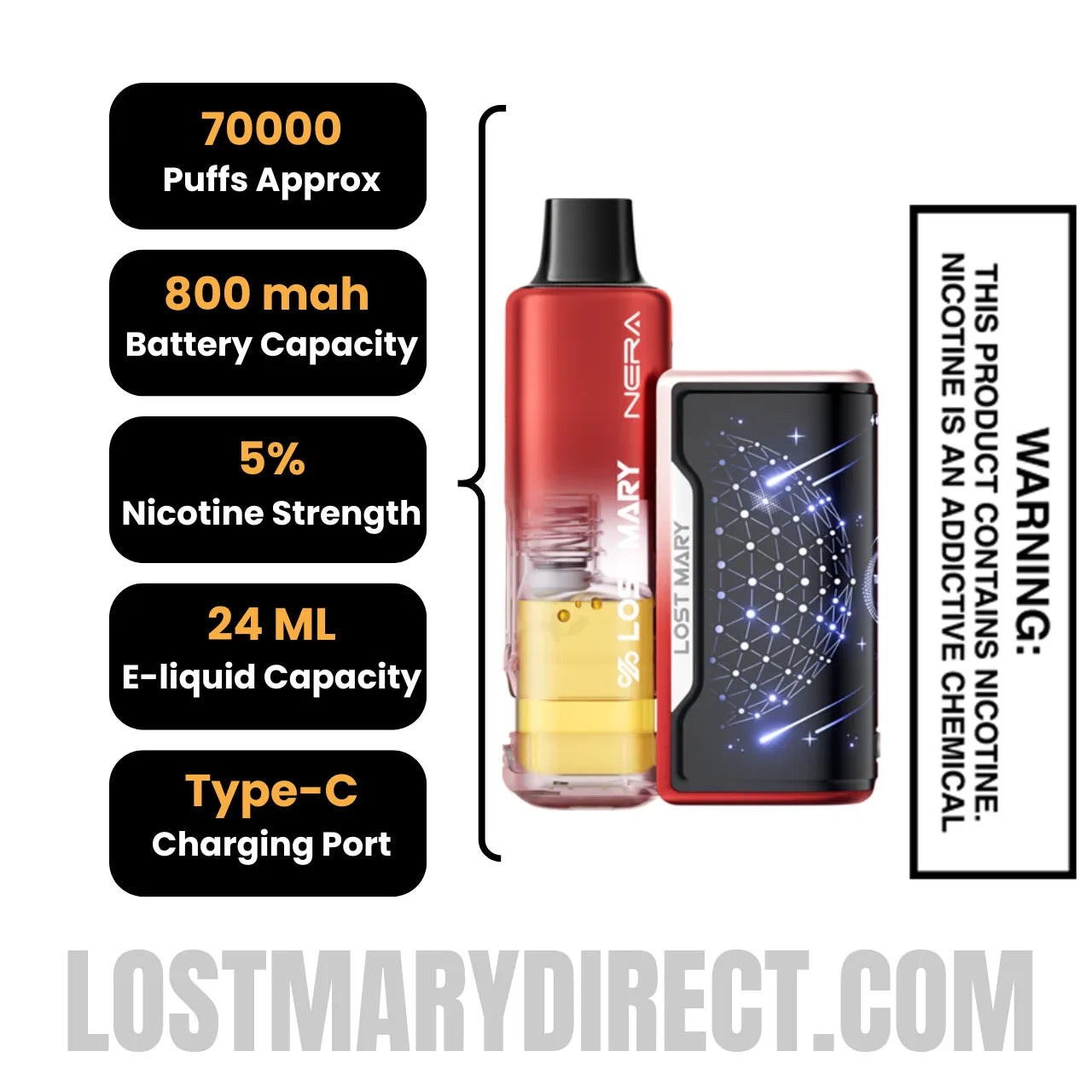 Pomegranate Blast Lost Mary Nera Fullview 70K Vape Kit with Specification