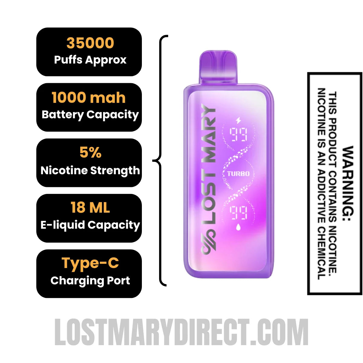 Purple Pixy Lost Mary MT35000 Turbo Disposable Vape with Specification