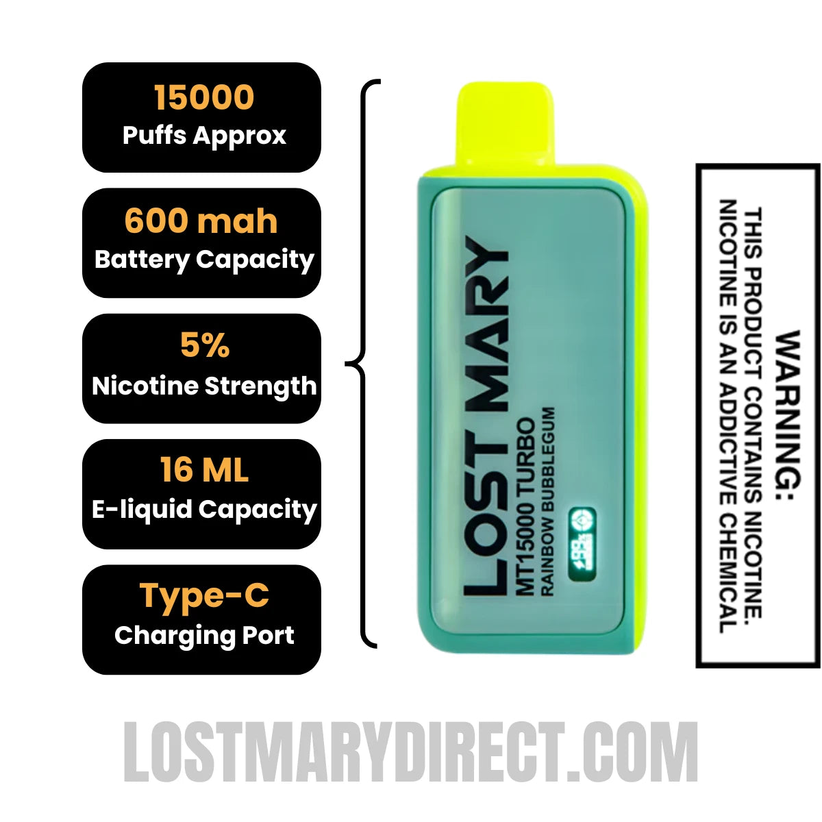 Rainbow Bubblegum Lost Mary MT15000 Turbo Specifications