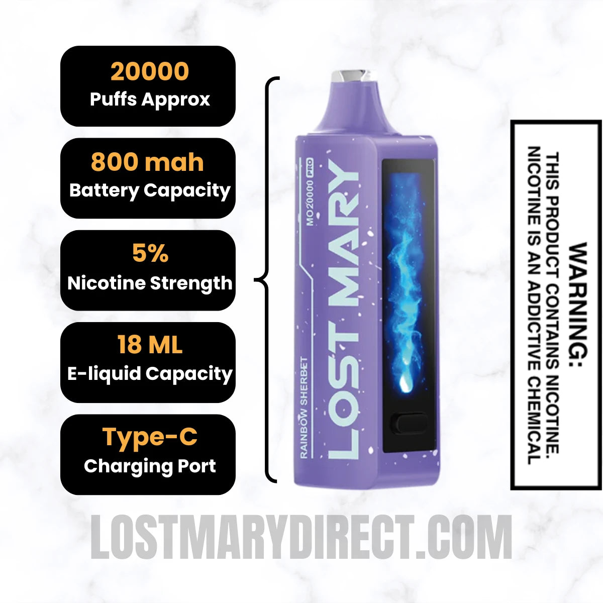 Rainbow Sherbet Lost Mary MO20000 PRO Diposable Vape Specifications