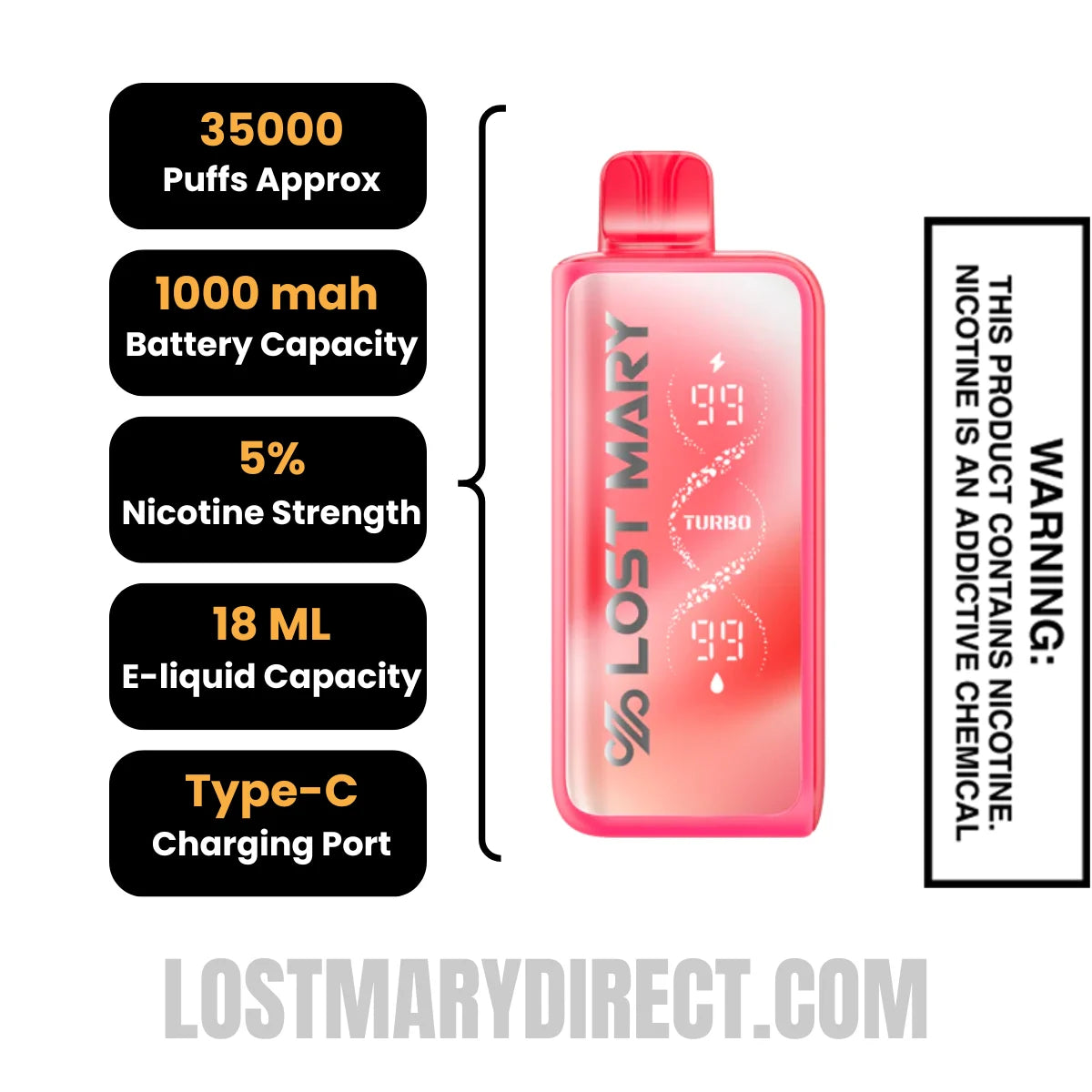 Red Pixy Lost Mary MT35000 Turbo Disposable Vape with Specification