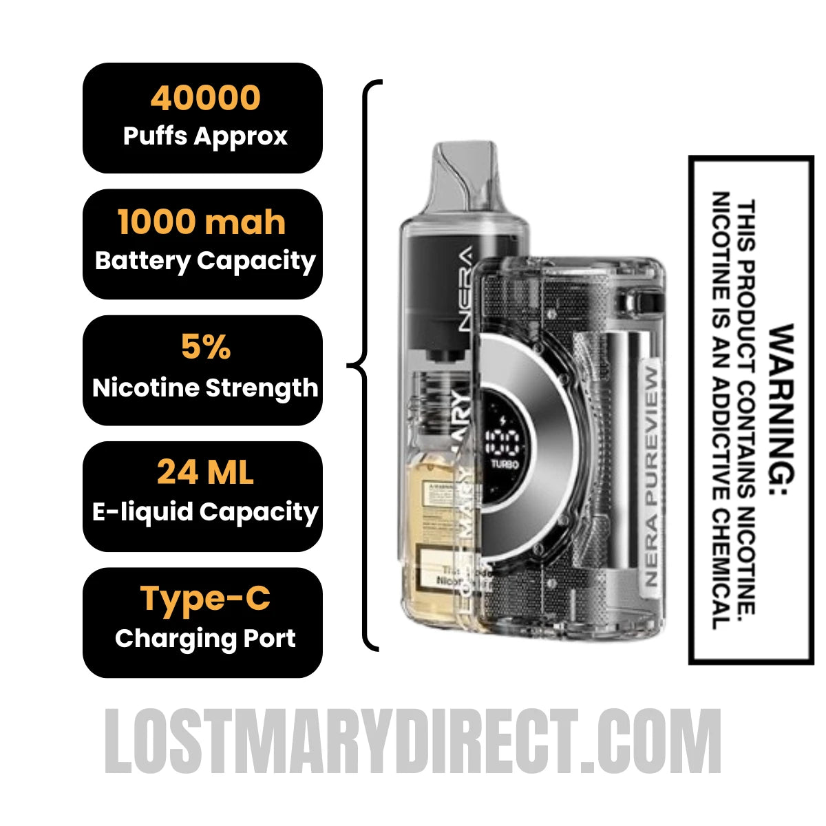 Rocket Freeze Lost Mary Nera Pureview 40K Vape Kit Specification