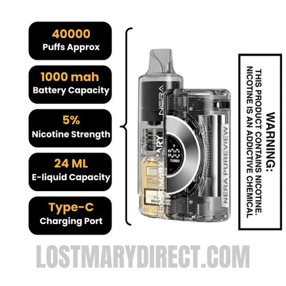 Rocket Freeze Lost Mary Nera Pureview 40K Vape Kit Specification
