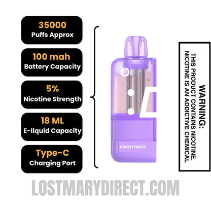 Rocket Freeze Off Stamp X Crystal Cube 35K Disposable Vape Pod Specifications