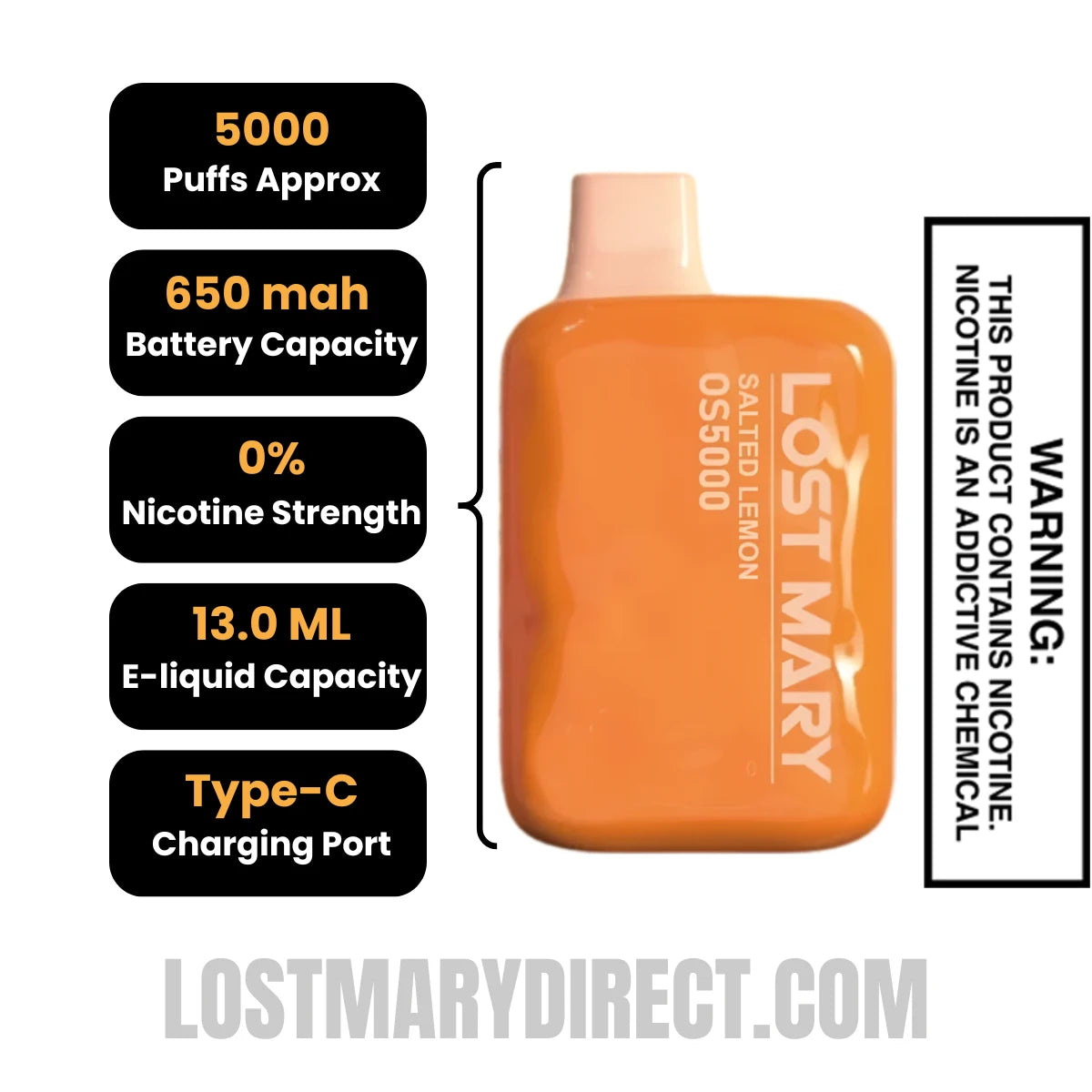 Salted Lemon Lost Mary OS5000 Disposable Vape Specifications