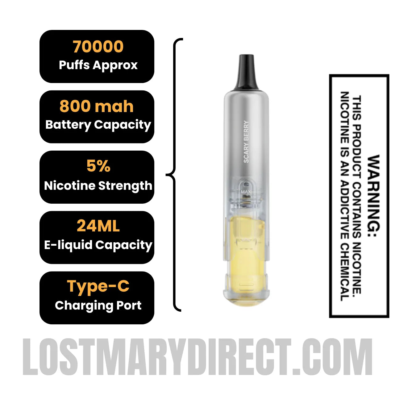 Scary Berry Lost Mary Nera Fullview 70K Vape Pod with specification