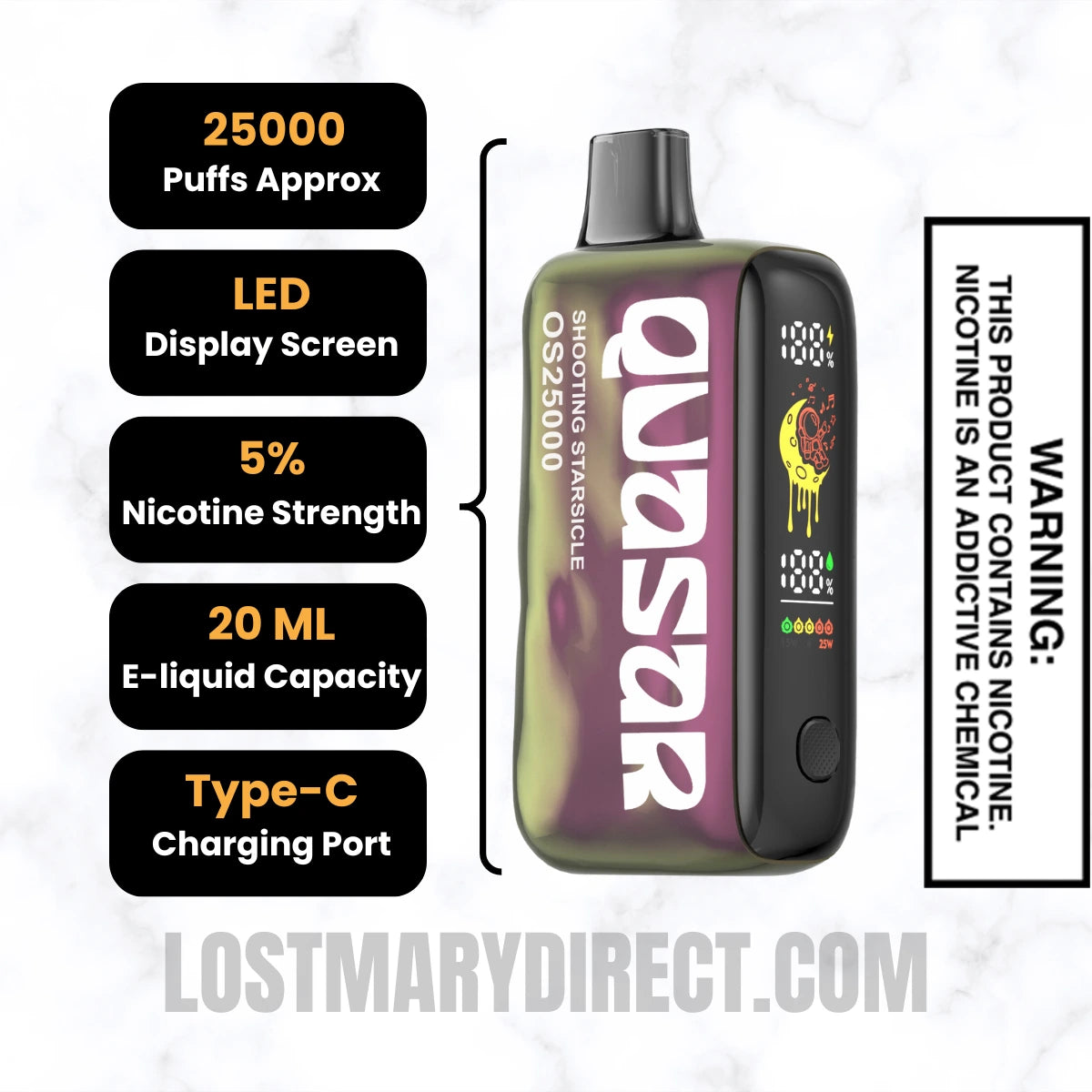 Shooting Starsicle Lost Mary Quasar OS25000 Diposable Vape Specifications