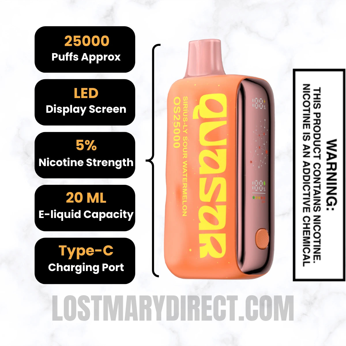 Sirius-ly Sour Watermely Lost Mary Quasar OS25000 Diposable Vape Specifications