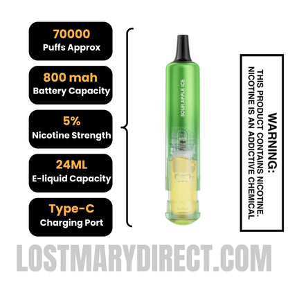 Sour Apple Ice Lost Mary Nera Fullview 70K Vape Pod with Specification