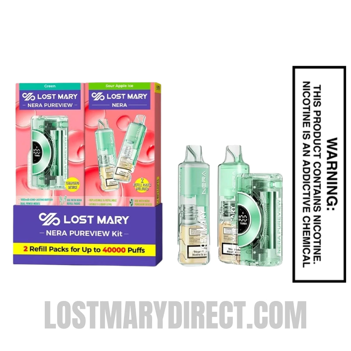Sour Apple Ice Lost Mary Nera Pureview 40K Vape Kit Package