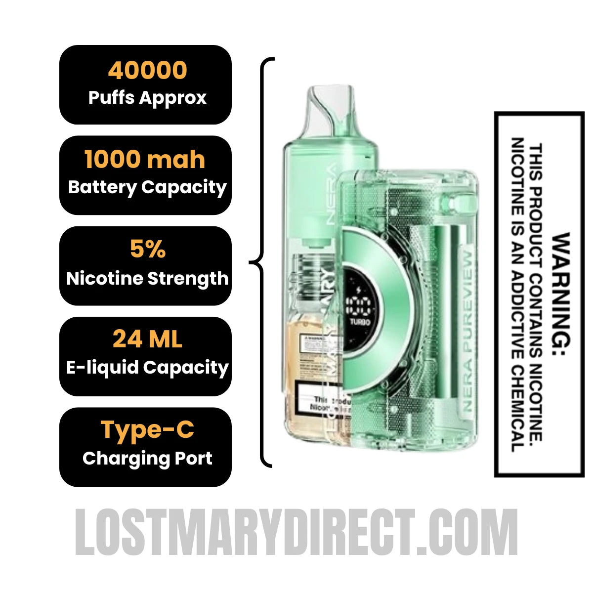 Sour Apple Ice Lost Mary Nera Pureview 40K Vape Kit Specification