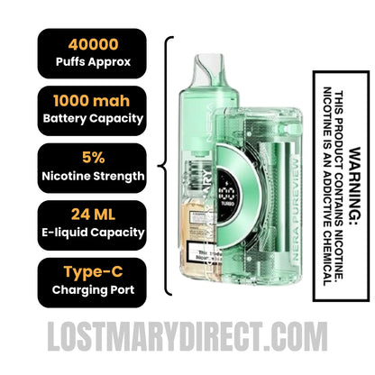 Sour Apple Ice Lost Mary Nera Pureview 40K Vape Kit Specification