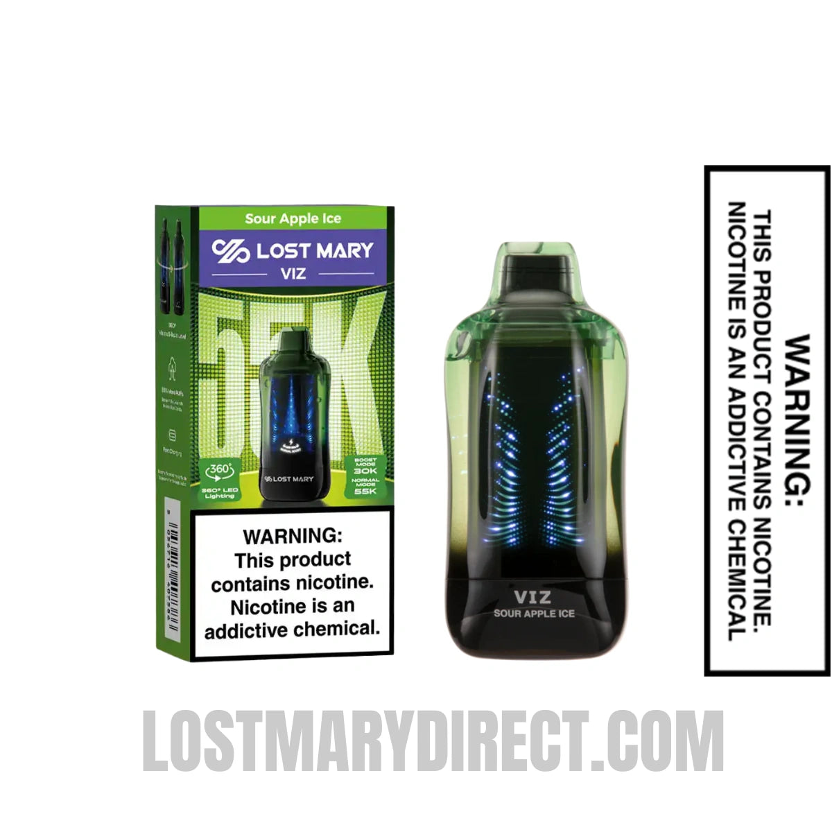 Sour Apple Ice Lost Mary VIZ 55K Disposable Vape with package box