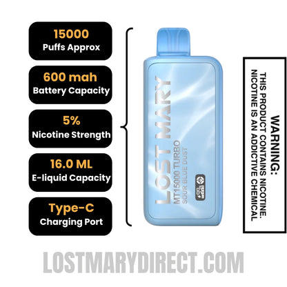 Sour Blue Dust Lost Mary MT15000 Turbo Vape Specifications