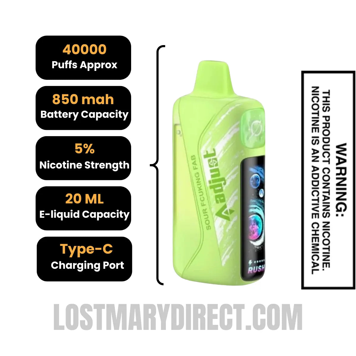 Sour Fcuking Fab Adjust MyRusher 40K Disposable Vape with Specification