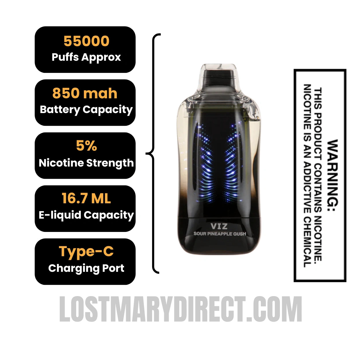Sour Pineapple Gush Lost Mary VIZ 55K Disposable Vape Specifications