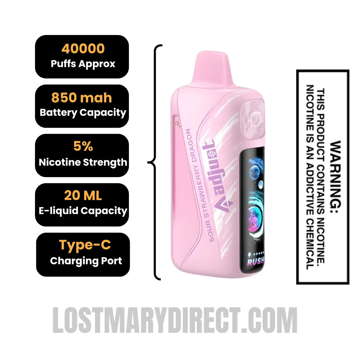 Sour Strawberry Dragon Adjust MyRusher 40K Disposable Vape Specification