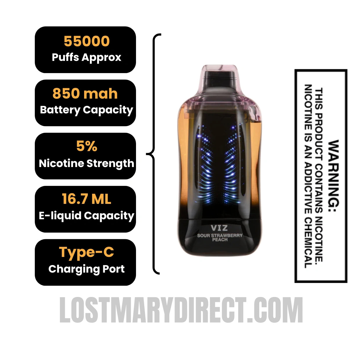 Sour Strawberry Peach Lost Mary VIZ 55K Disposable Vape Specifications
