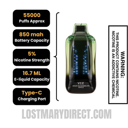 Sour Watermelon Apple Lost Mary VIZ 55K Disposable Vape Specifications