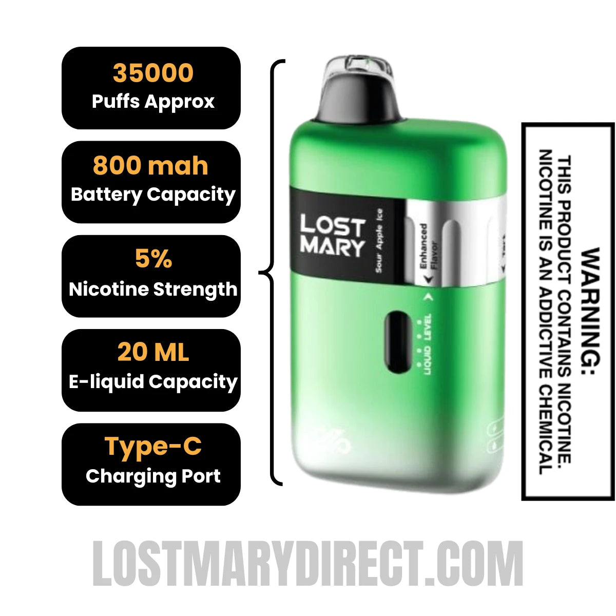 Sour Apple Ice Lost Mary Ultrasonic 35K Disposable Vape Specifactions