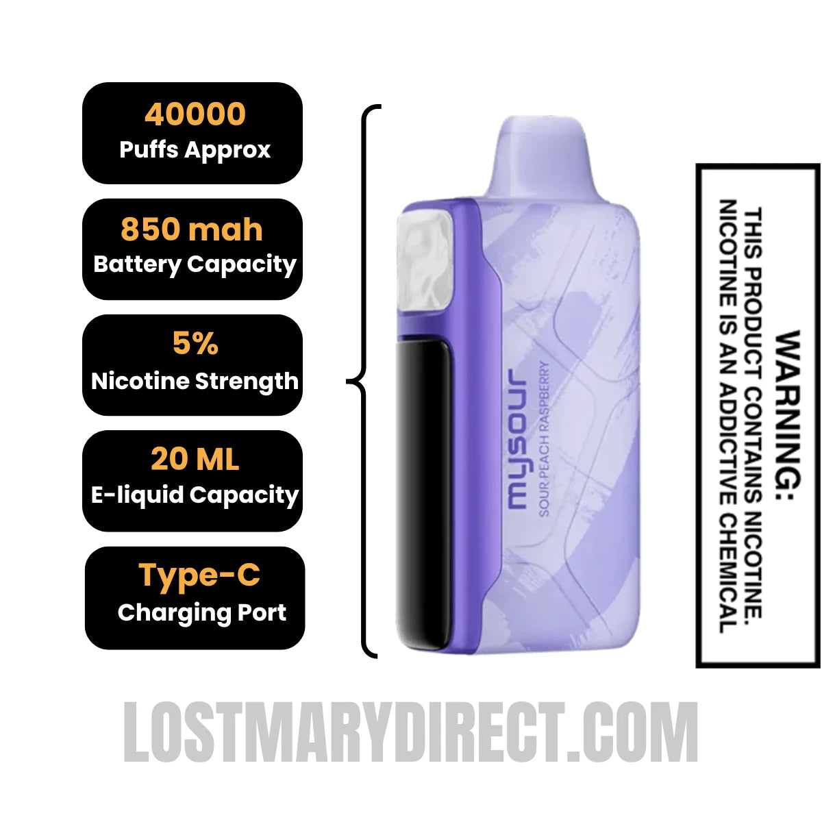 Sour Peach Raspberry Adjust MySour 40K Disposable Vape Specification