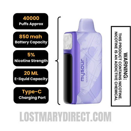 Sour Peach Raspberry Adjust MySour 40K Disposable Vape Specification