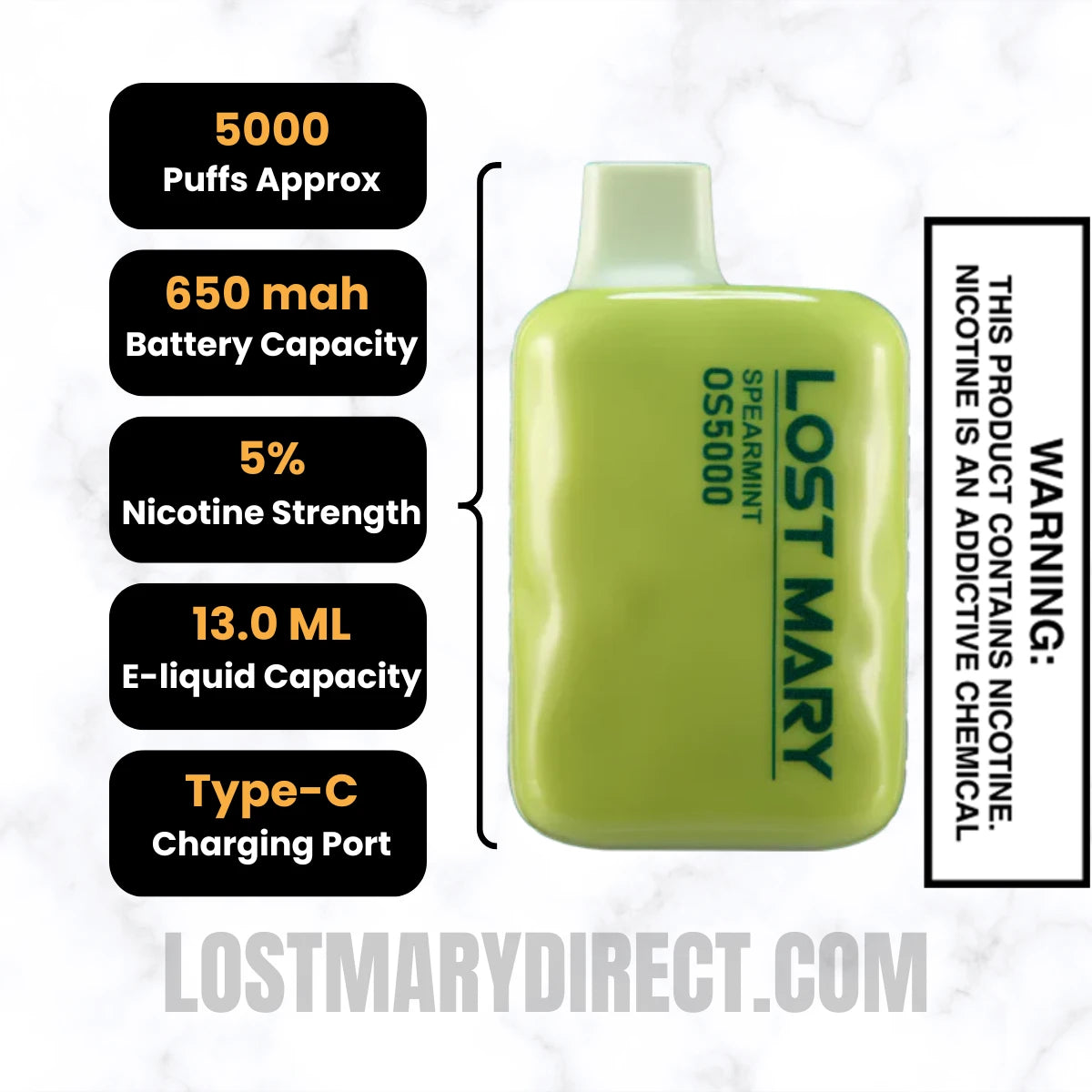 Spearmint Lost Mary OS5000 Disposable Vape Specifications