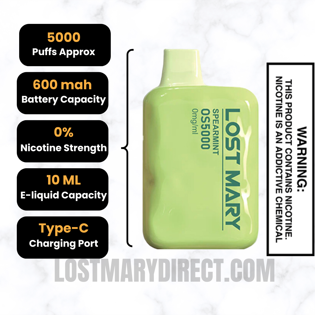Spearmint Lost Mary OS5000 Zero Nicotine Vape Specifications