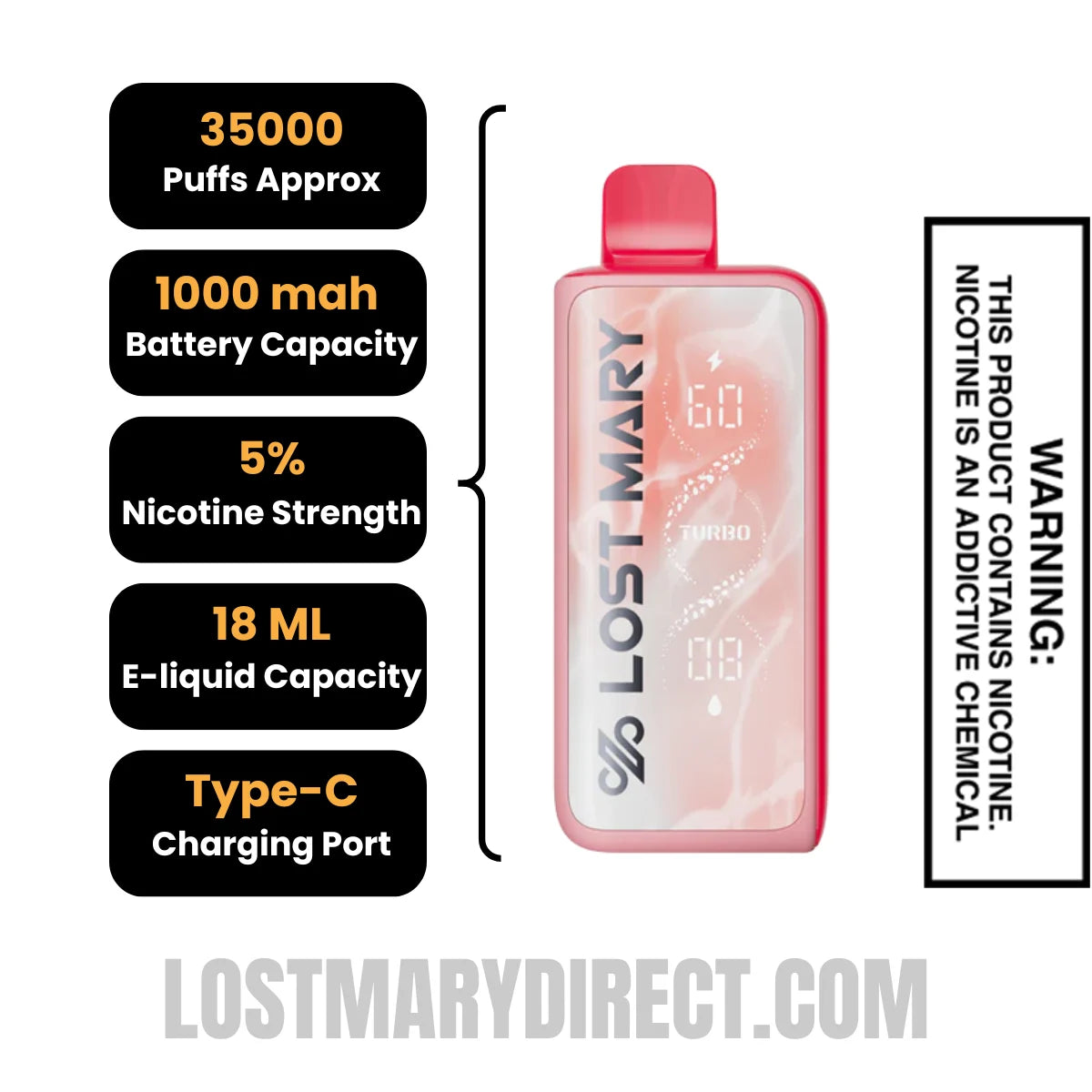 Strawberry Dragon Lemonade Lost Mary MT35000 Turbo Vape Specification