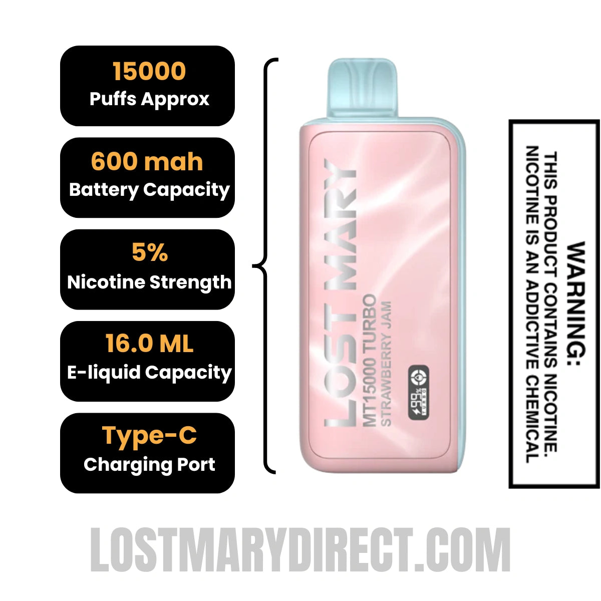 Strawberry Jam Lost Mary MT15000 Turbo Vape Specifications