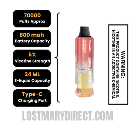 Strawberry Watermelon Lost Mary Nera Fullview 70K Disposable Vape Pod with specifications