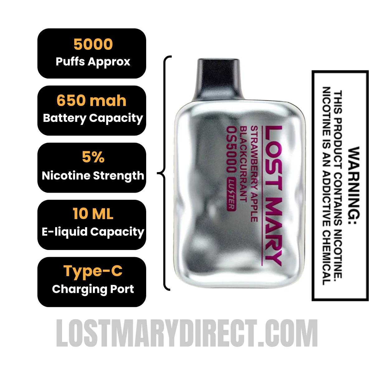 Strawberry Apple Blackcurrant Lost Mary OS5000 Luster Vape Specifications
