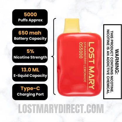 Strawberry Lemonade Lost Mary OS5000 Disposable Vape Specifications