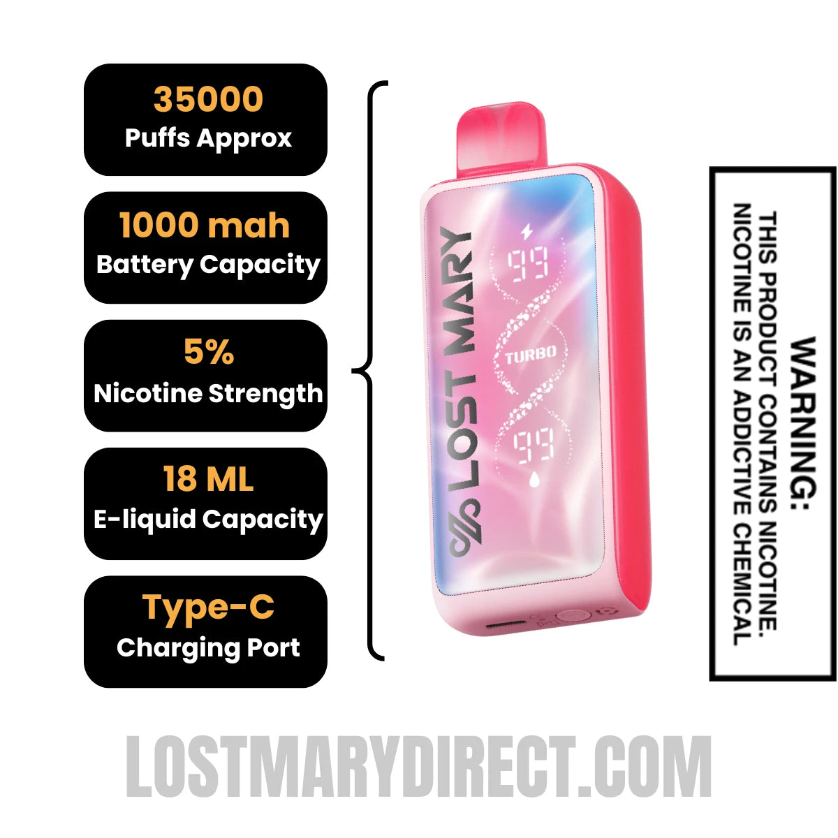 Strawberry Lost Mary MT35000 Turbo Disposable Vape Specifications