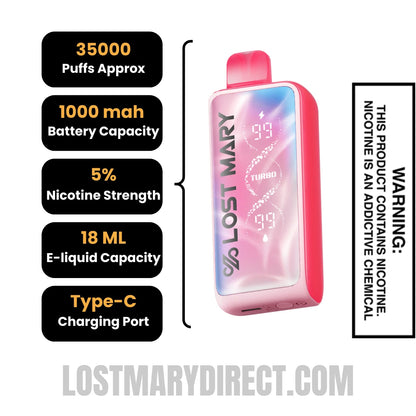Strawberry Lost Mary MT35000 Turbo Disposable Vape Specifications