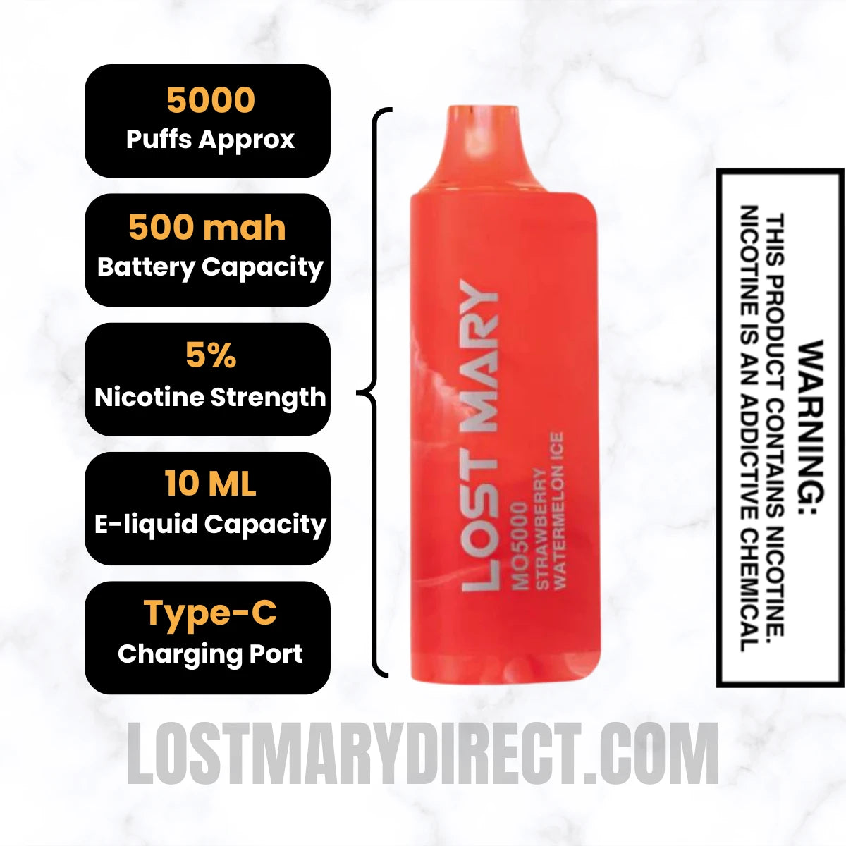 Strawberry Watermelon Ice Lost Mary MO5000 Disposable Vape Specifications 