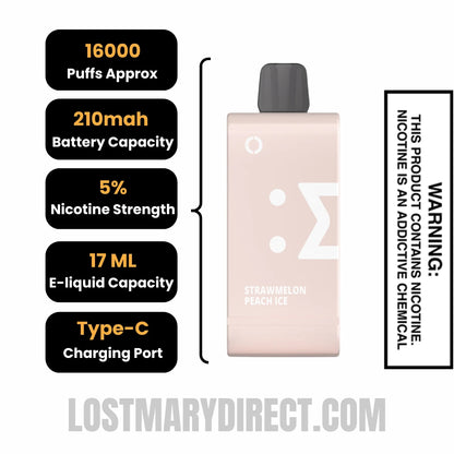 Strawmelon Peach Ice Off Stamp SW16000 Disposable Pod Specifications