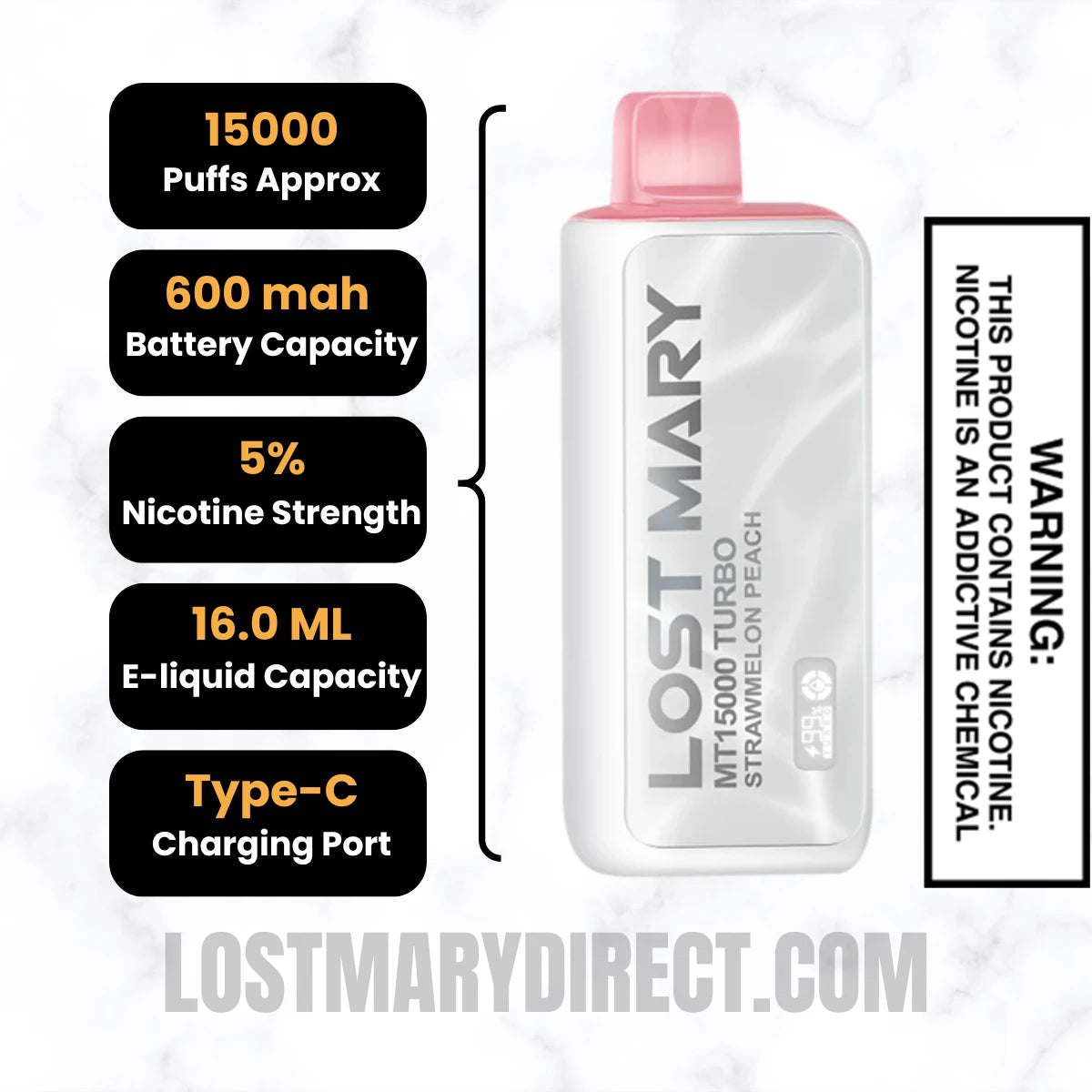 Strawmelon Peach Lost Mary MT15000 TURBO Vape Specifications