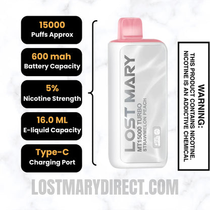 Strawmelon Peach Lost Mary MT15000 TURBO Vape Specifications
