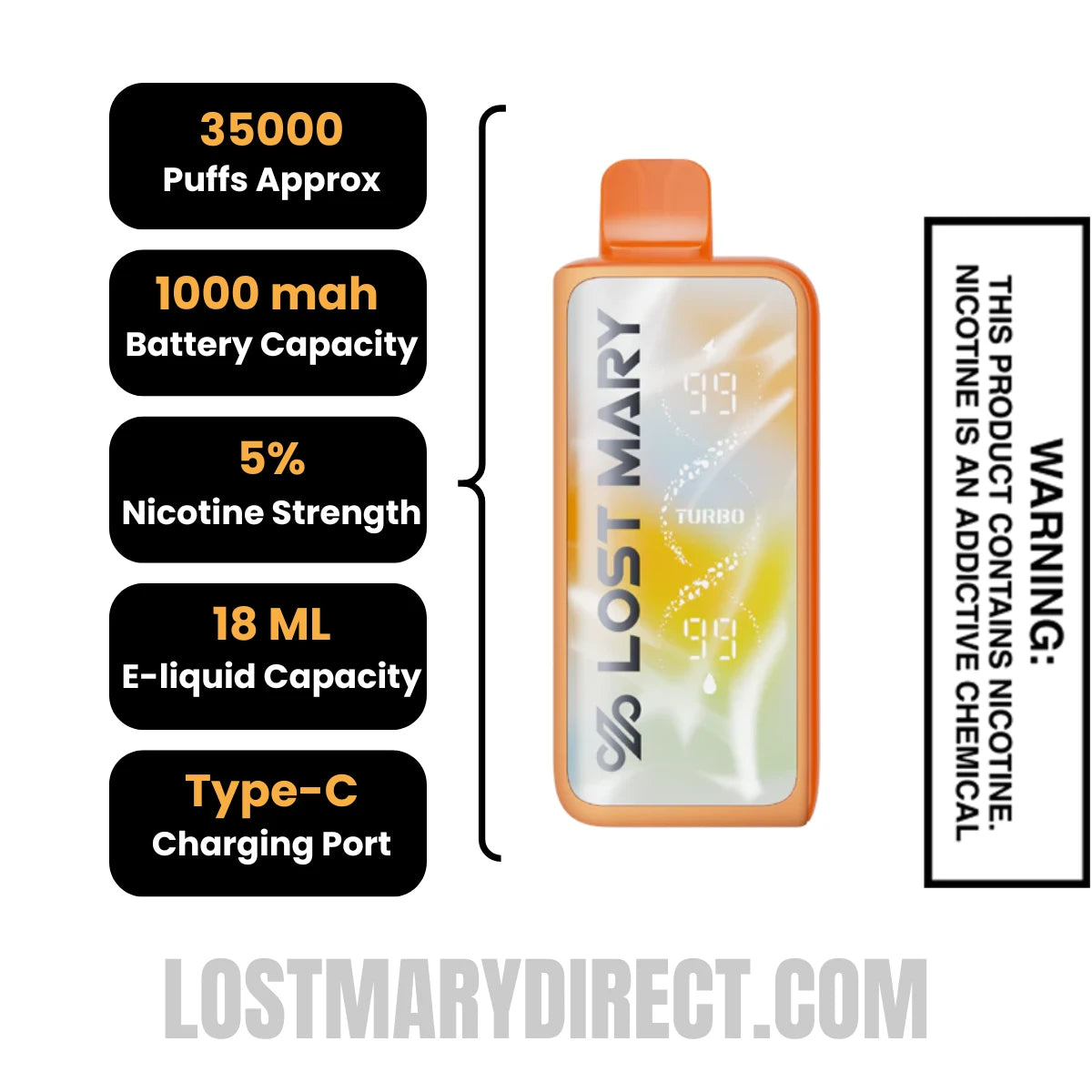 Sunny Orange Lost Mary MT35000 Turbo Vape Specification