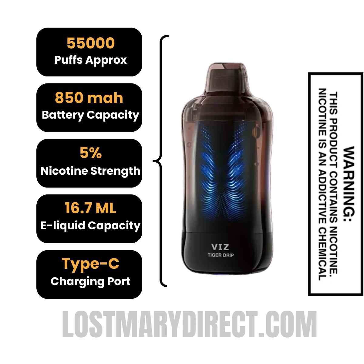 Tiger Drip Lost Mary VIZ 55K Disposable Vape Specifications