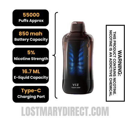 Tiger Drip Lost Mary VIZ 55K Disposable Vape Specifications