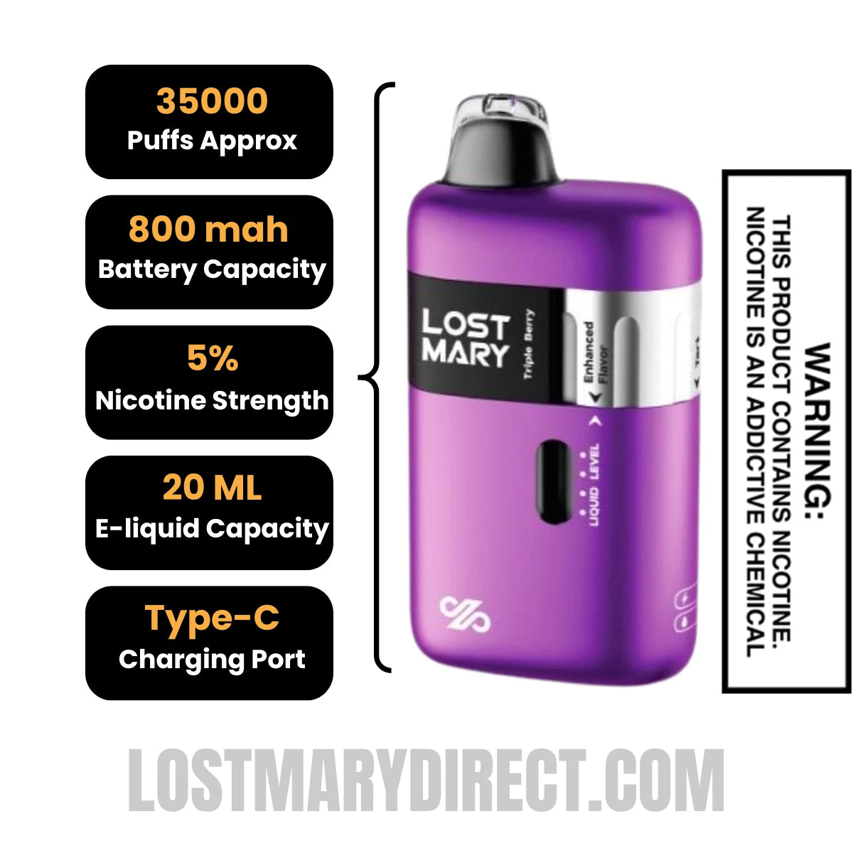 Triple Berry Lost Mary Ultrasonic 35K Disposable Vape Specifications