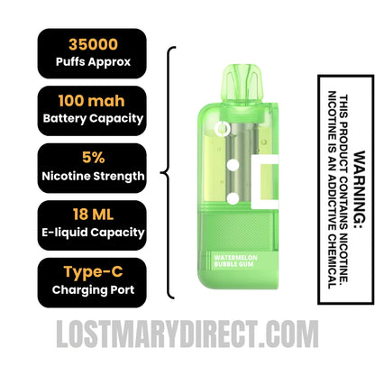 Watermelon Bubble Gum Off Stamp X Crystal Cube 35K Disposable Vape Pod Specifications