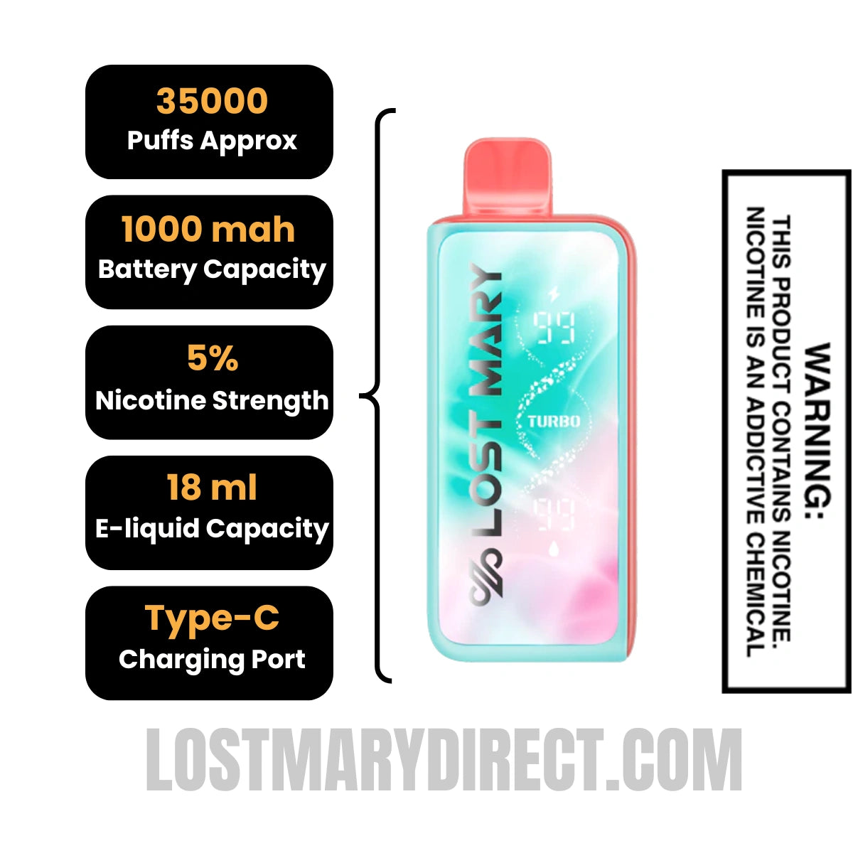 Watermelon Cotton Carnival Lost Mary MT35000 Turbo Vape Specifications